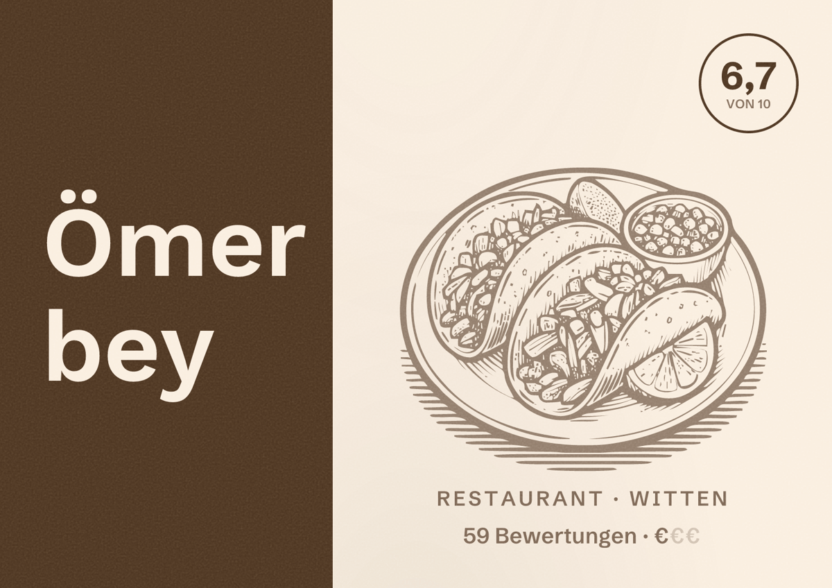 Illustriertes Poster von Ömer bey, Restaurant in Witten: Bewertung 6,7 von 10 aus 59 Bewertungen, Preisniveau €