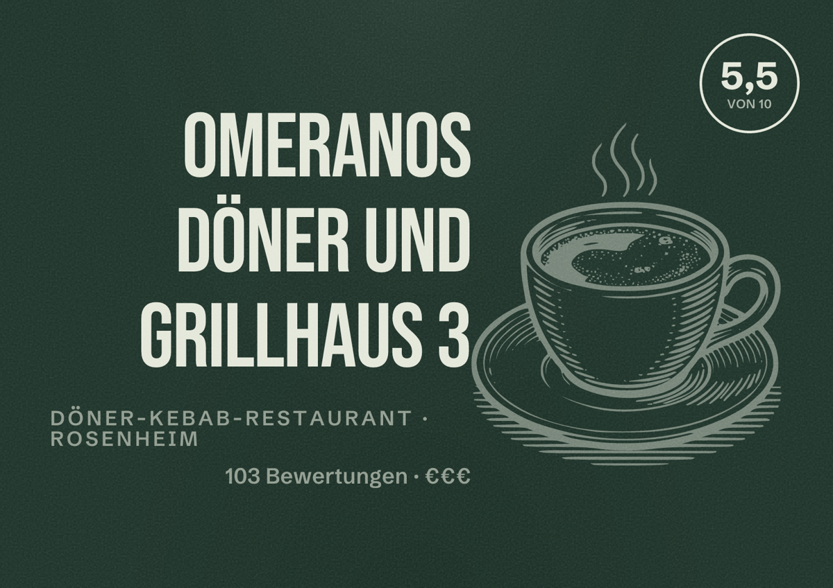 Illustriertes Poster von Omeranos Döner und Grillhaus 3, Döner-Kebab-Restaurant in Rosenheim: Bewertung 5,5 von 10 aus 103 Bewertungen, Preisniveau €€€