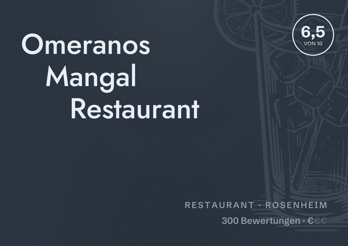 Illustriertes Poster von Omeranos Mangal Restaurant, Restaurant in Rosenheim: Bewertung 6,5 von 10 aus 300 Bewertungen, Preisniveau €