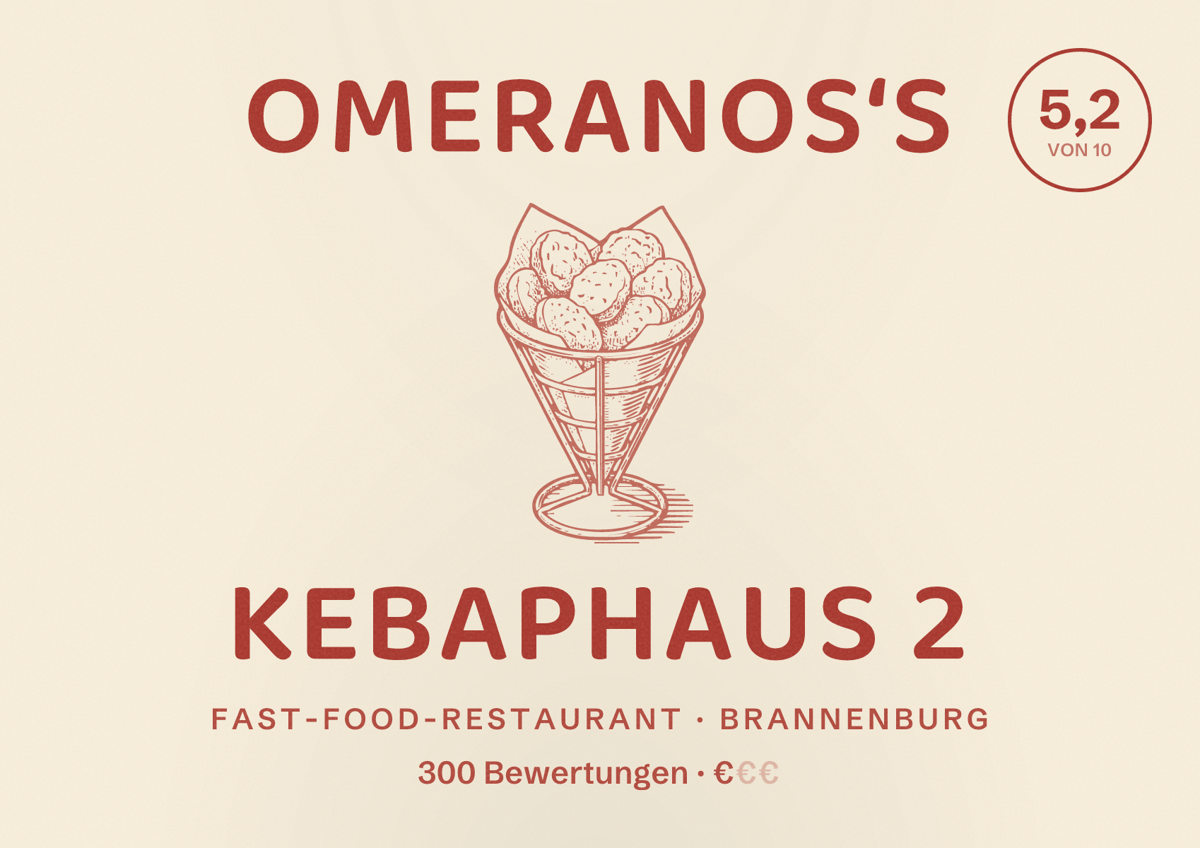 Illustriertes Poster von Omeranos‘s Kebaphaus 2, Fast-Food-Restaurant in Brannenburg: Bewertung 5,2 von 10 aus 300 Bewertungen, Preisniveau €
