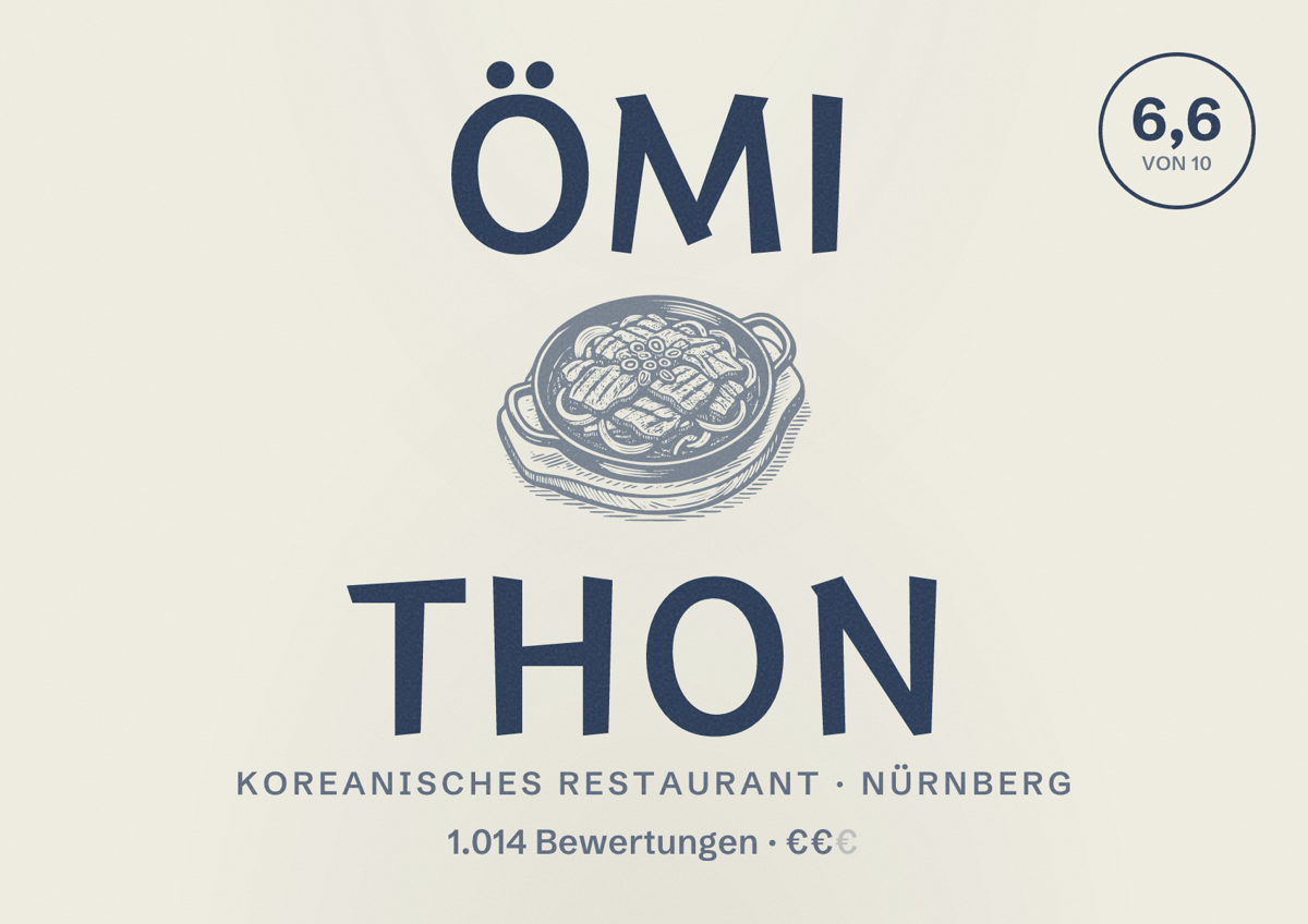 Illustriertes Poster von Ömi Thon, Koreanisches Restaurant in Nürnberg: Bewertung 6,6 von 10 aus 1.014 Bewertungen, Preisniveau €€
