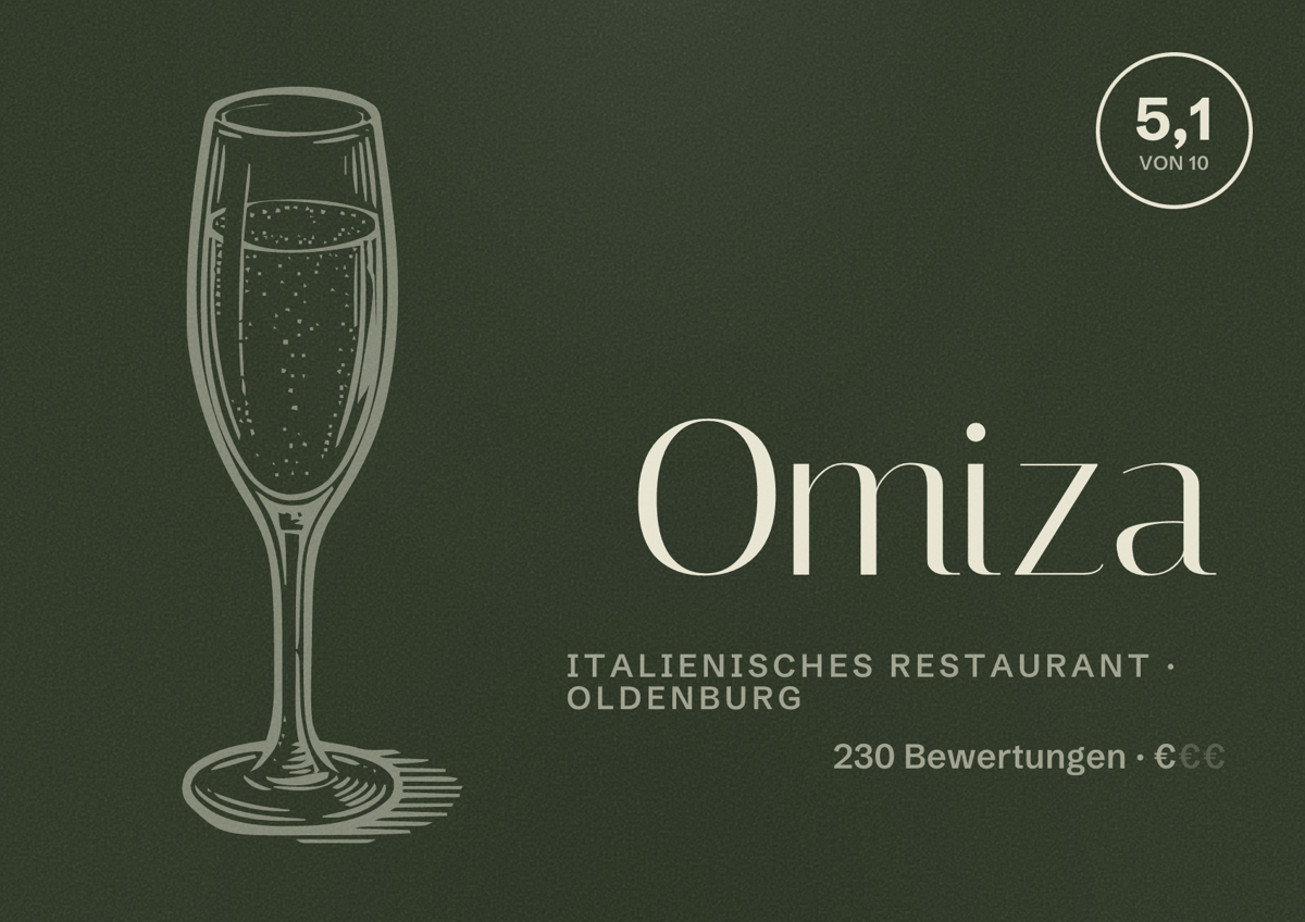 Illustriertes Poster von Omiza, Italienisches Restaurant in Oldenburg: Bewertung 5,1 von 10 aus 230 Bewertungen, Preisniveau €