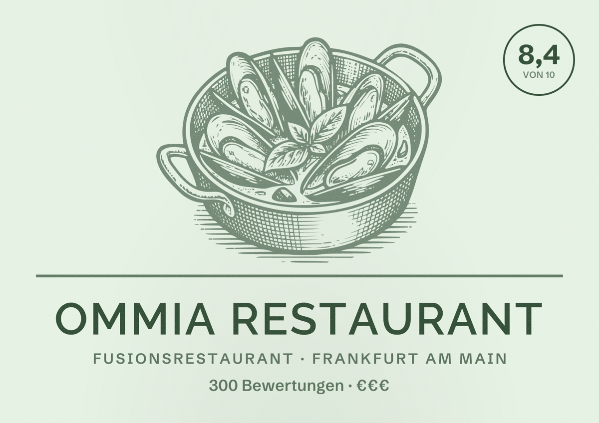 Illustriertes Poster von Ommia Restaurant, Fusionsrestaurant in Frankfurt am Main: Bewertung 8,4 von 10 aus 300 Bewertungen, Preisniveau €€€