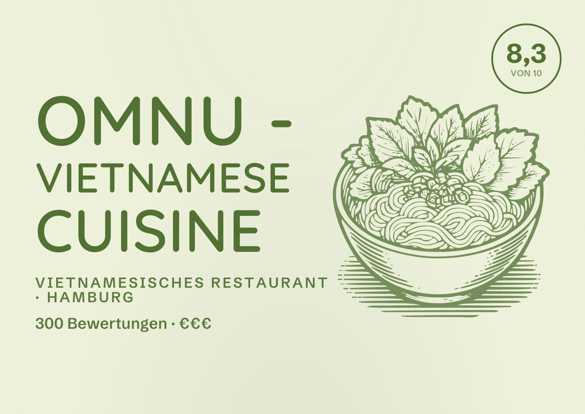 Illustriertes Poster von OMNU - Vietnamese Cuisine, Vietnamesisches Restaurant in Hamburg: Bewertung 8,3 von 10 aus 300 Bewertungen, Preisniveau €€€
