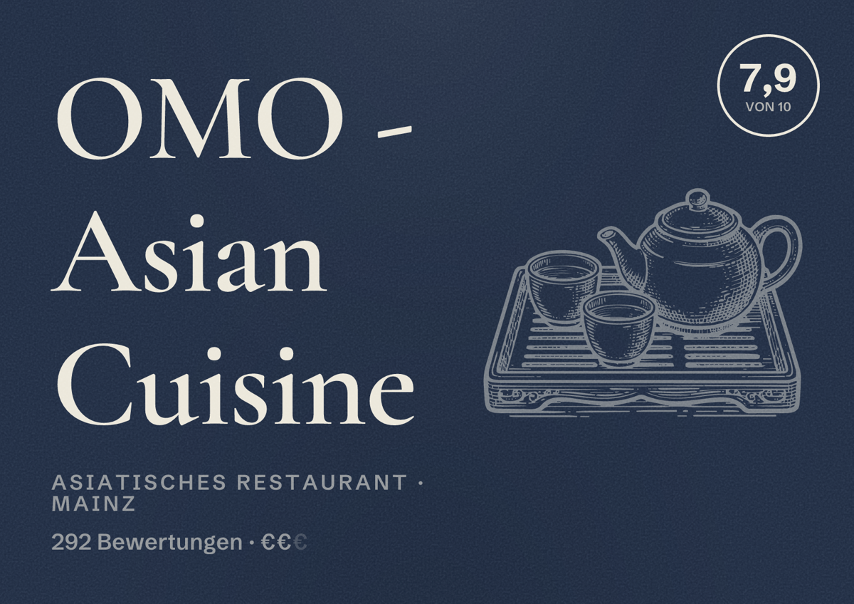 Illustriertes Poster von OMO - Asian Cuisine, Asiatisches Restaurant in Mainz: Bewertung 7,9 von 10 aus 292 Bewertungen, Preisniveau €€