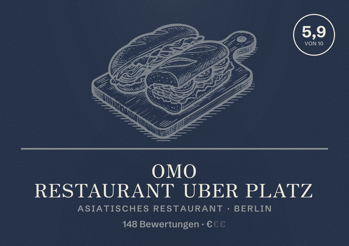 Illustriertes Poster von OMO Restaurant Uber Platz, Asiatisches Restaurant in Berlin: Bewertung 5,9 von 10 aus 148 Bewertungen, Preisniveau €
