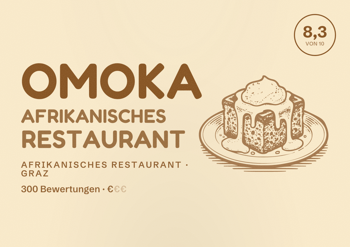 Illustriertes Poster von Omoka Afrikanisches Restaurant, Afrikanisches Restaurant in Graz: Bewertung 8,3 von 10 aus 300 Bewertungen, Preisniveau €