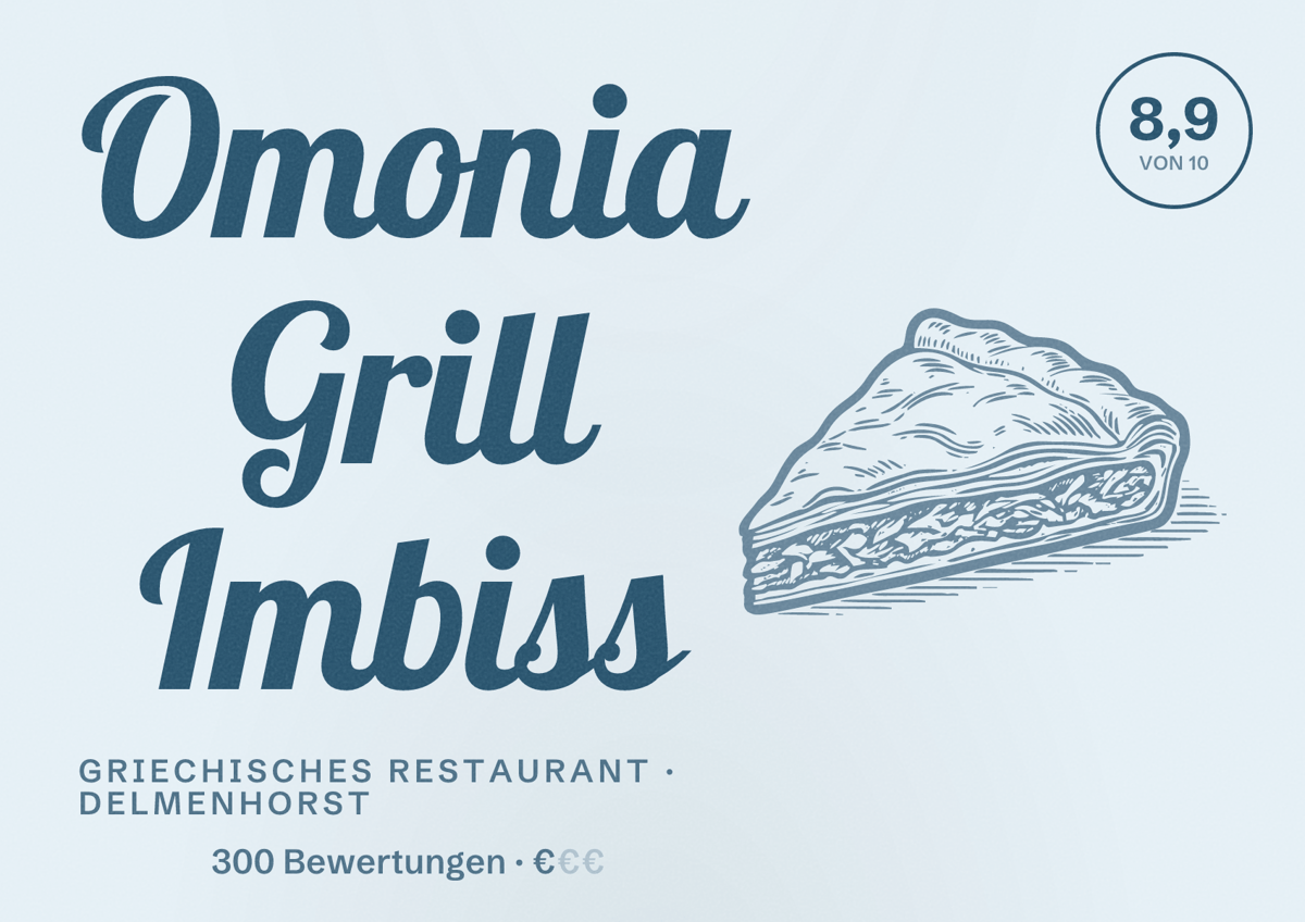 Illustriertes Poster von Omonia Grill Imbiss, Griechisches Restaurant in Delmenhorst: Bewertung 8,9 von 10 aus 300 Bewertungen, Preisniveau €