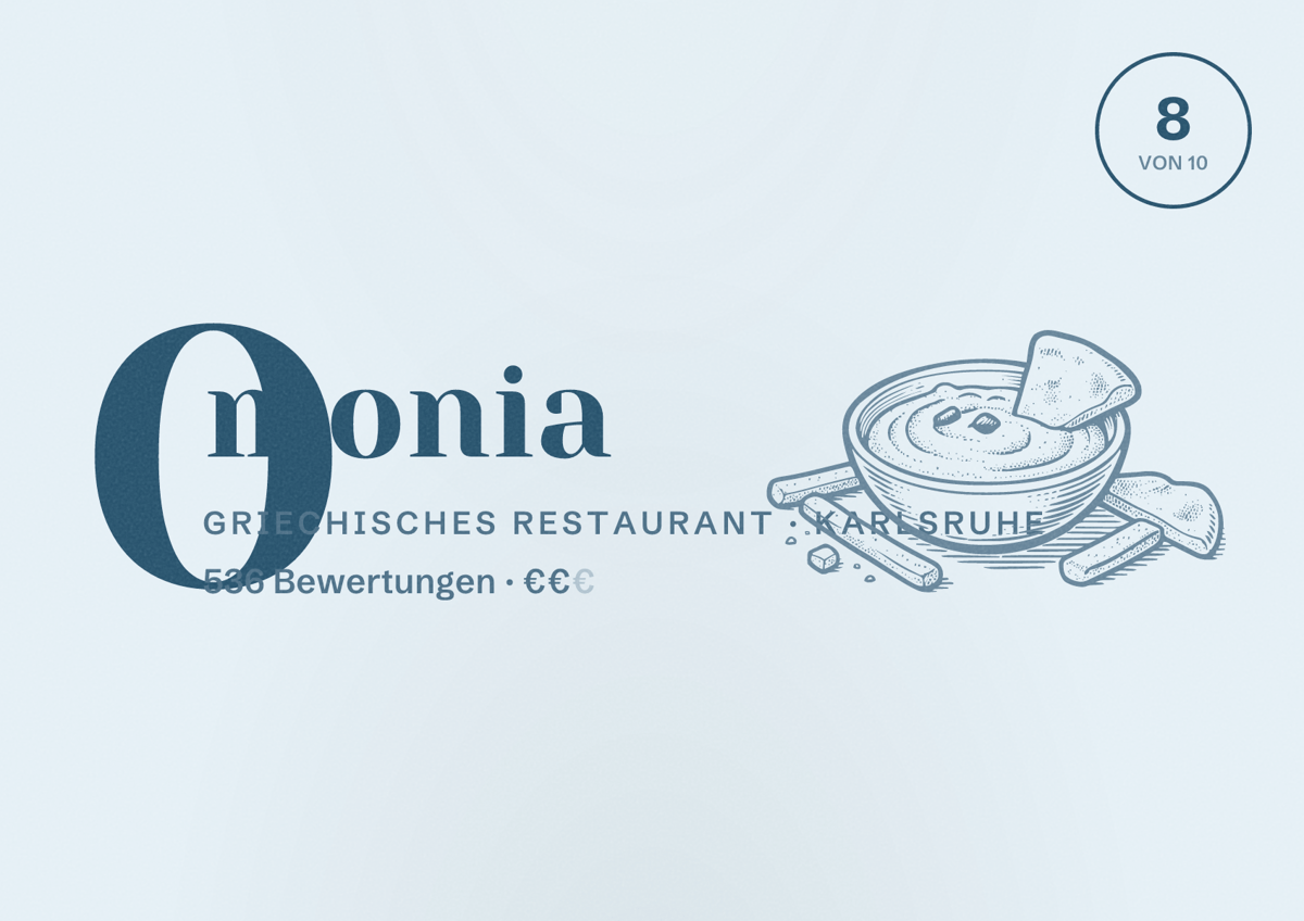 Illustriertes Poster von Omonia, Griechisches Restaurant in Karlsruhe: Bewertung 8 von 10 aus 536 Bewertungen, Preisniveau €€