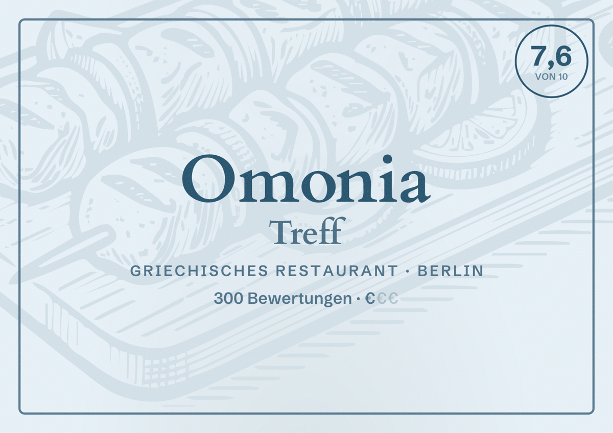 Illustriertes Poster von Omonia Treff, Griechisches Restaurant in Berlin: Bewertung 7,6 von 10 aus 300 Bewertungen, Preisniveau €