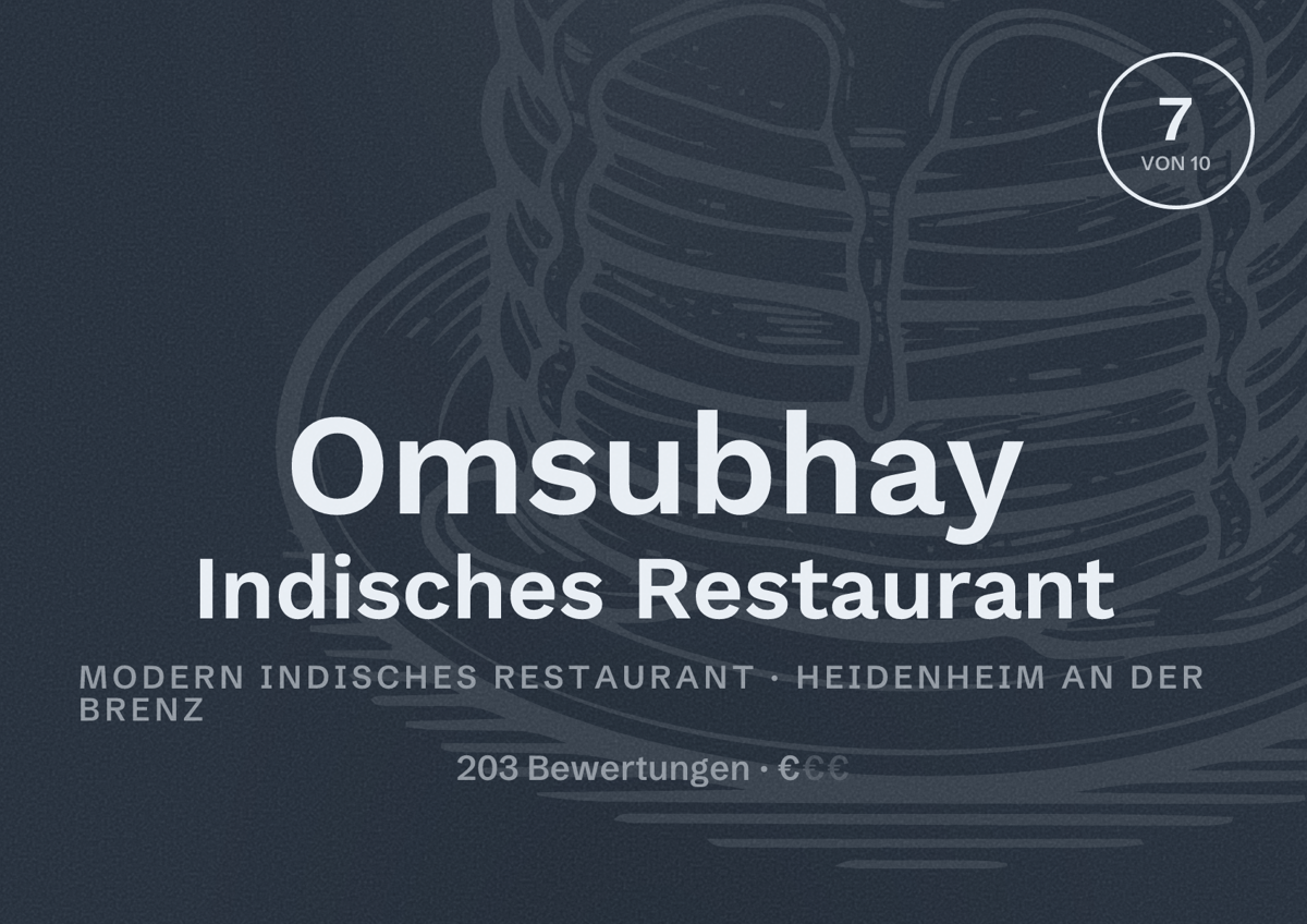 Illustriertes Poster von Omsubhay Indisches Restaurant, Modern indisches Restaurant in Heidenheim an der Brenz: Bewertung 7 von 10 aus 203 Bewertungen, Preisniveau €