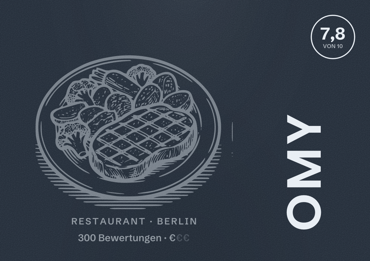 Illustriertes Poster von Omy, Restaurant in Berlin: Bewertung 7,8 von 10 aus 300 Bewertungen, Preisniveau €