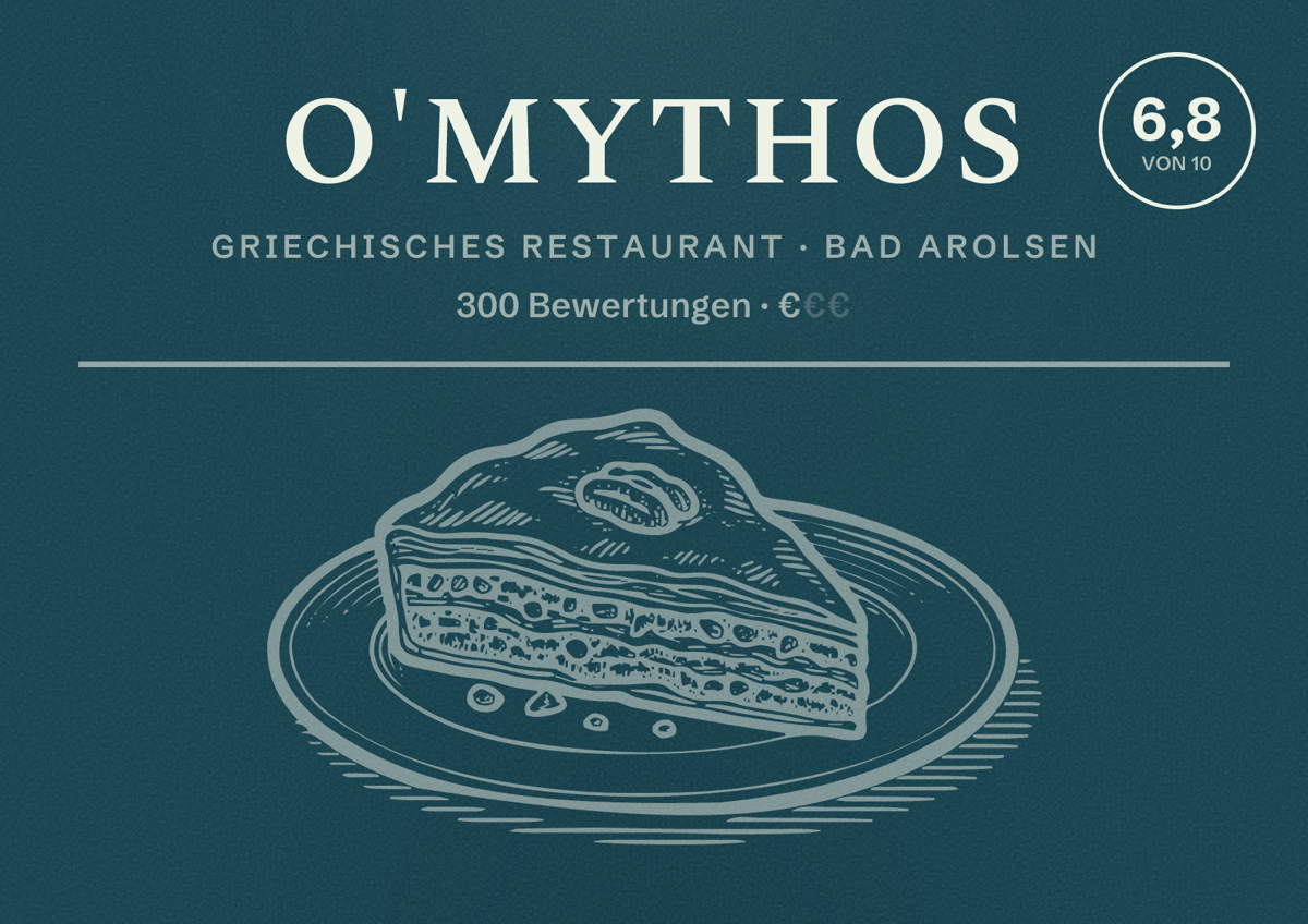 Illustriertes Poster von O'Mythos, Griechisches Restaurant in Bad Arolsen: Bewertung 6,8 von 10 aus 300 Bewertungen, Preisniveau €