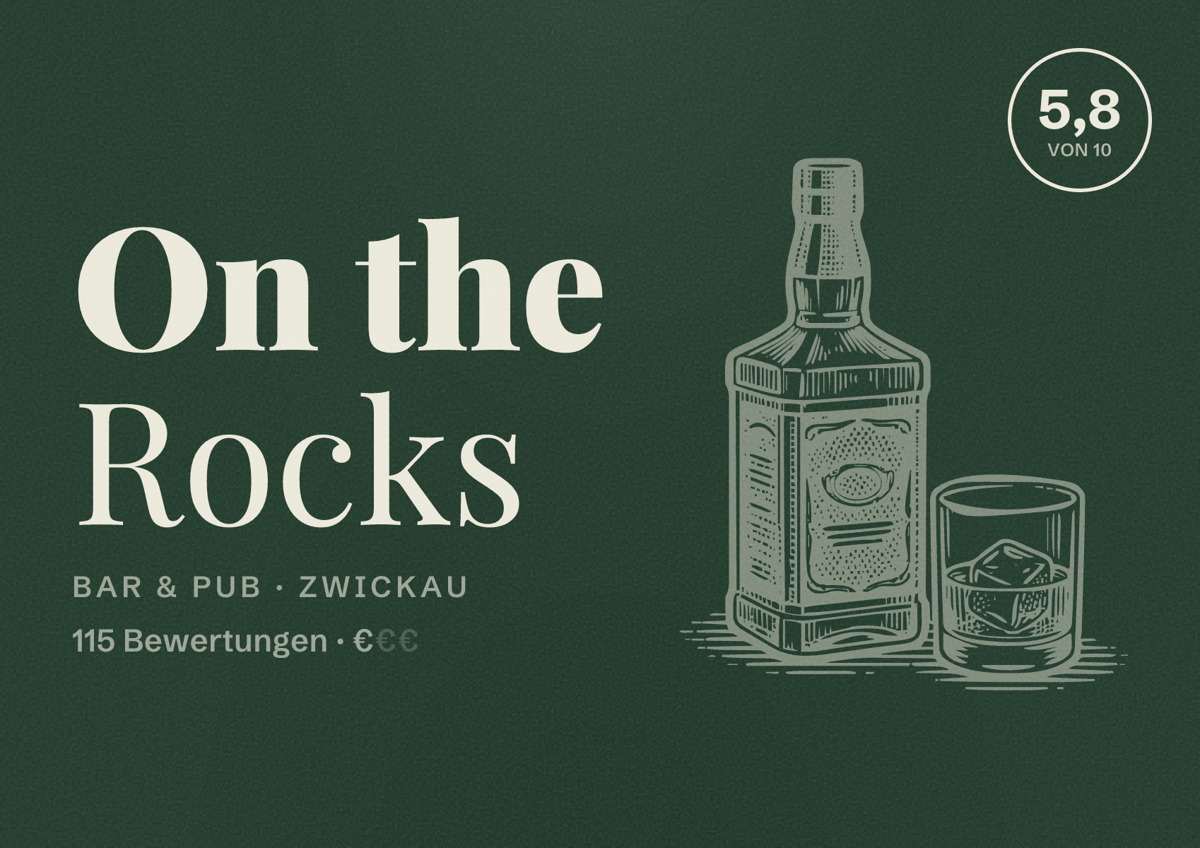 Illustriertes Poster von On the Rocks, Bar & Pub in Zwickau: Bewertung 5,8 von 10 aus 115 Bewertungen, Preisniveau €