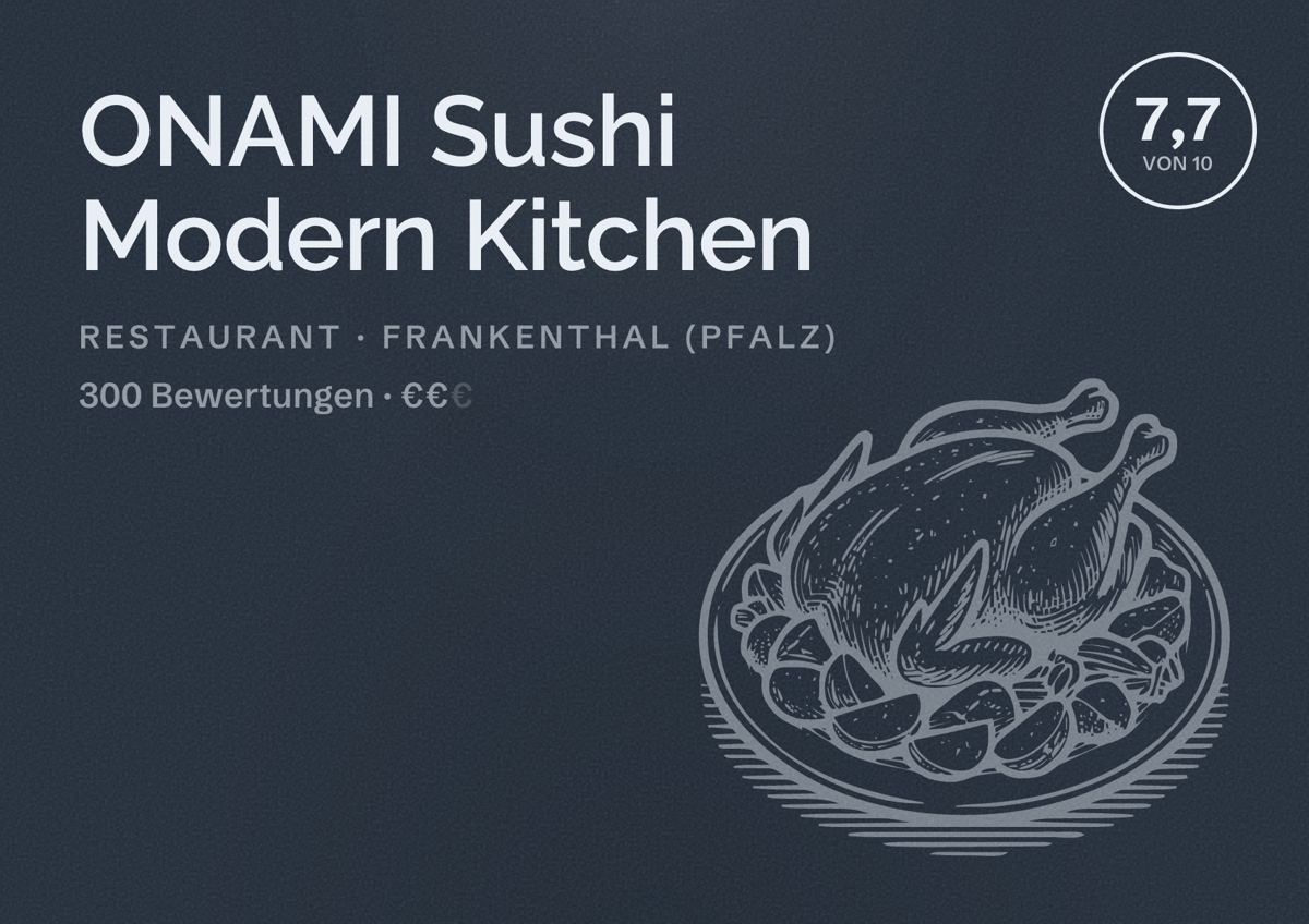 Illustriertes Poster von ONAMI Sushi Modern Kitchen, Restaurant in Frankenthal (Pfalz): Bewertung 7,7 von 10 aus 300 Bewertungen, Preisniveau €€