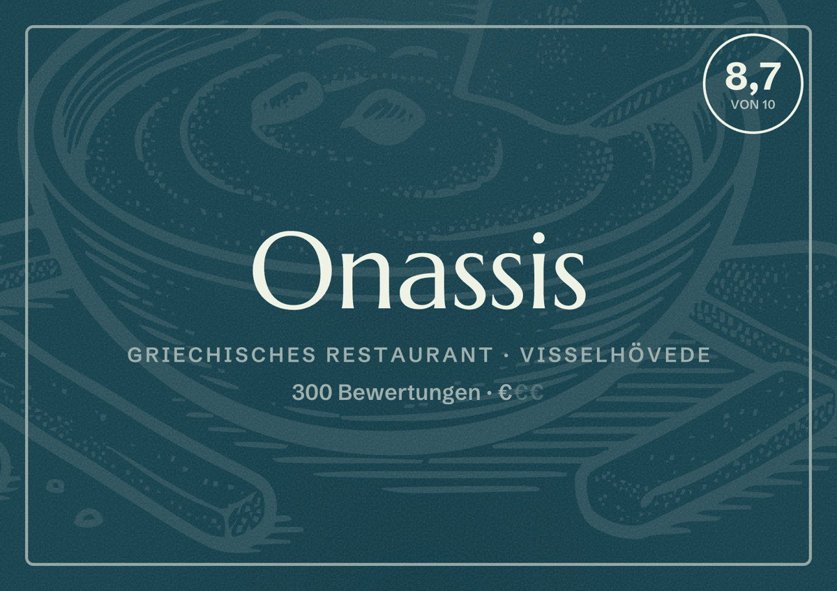 Illustriertes Poster von Onassis, Griechisches Restaurant in Visselhövede: Bewertung 8,7 von 10 aus 300 Bewertungen, Preisniveau €