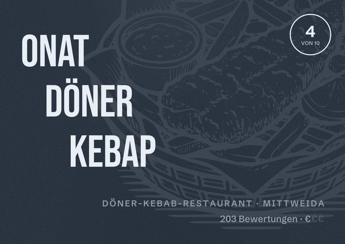 Illustriertes Poster von ONAT Döner kebap, Döner-Kebab-Restaurant in Mittweida: Bewertung 4 von 10 aus 203 Bewertungen, Preisniveau €