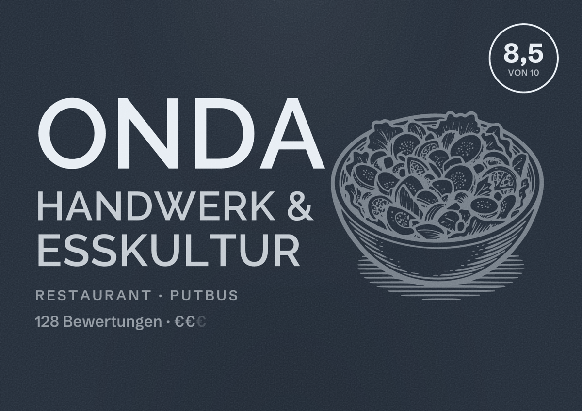 Illustriertes Poster von Onda Handwerk & Esskultur, Restaurant in Putbus: Bewertung 8,5 von 10 aus 128 Bewertungen, Preisniveau €€