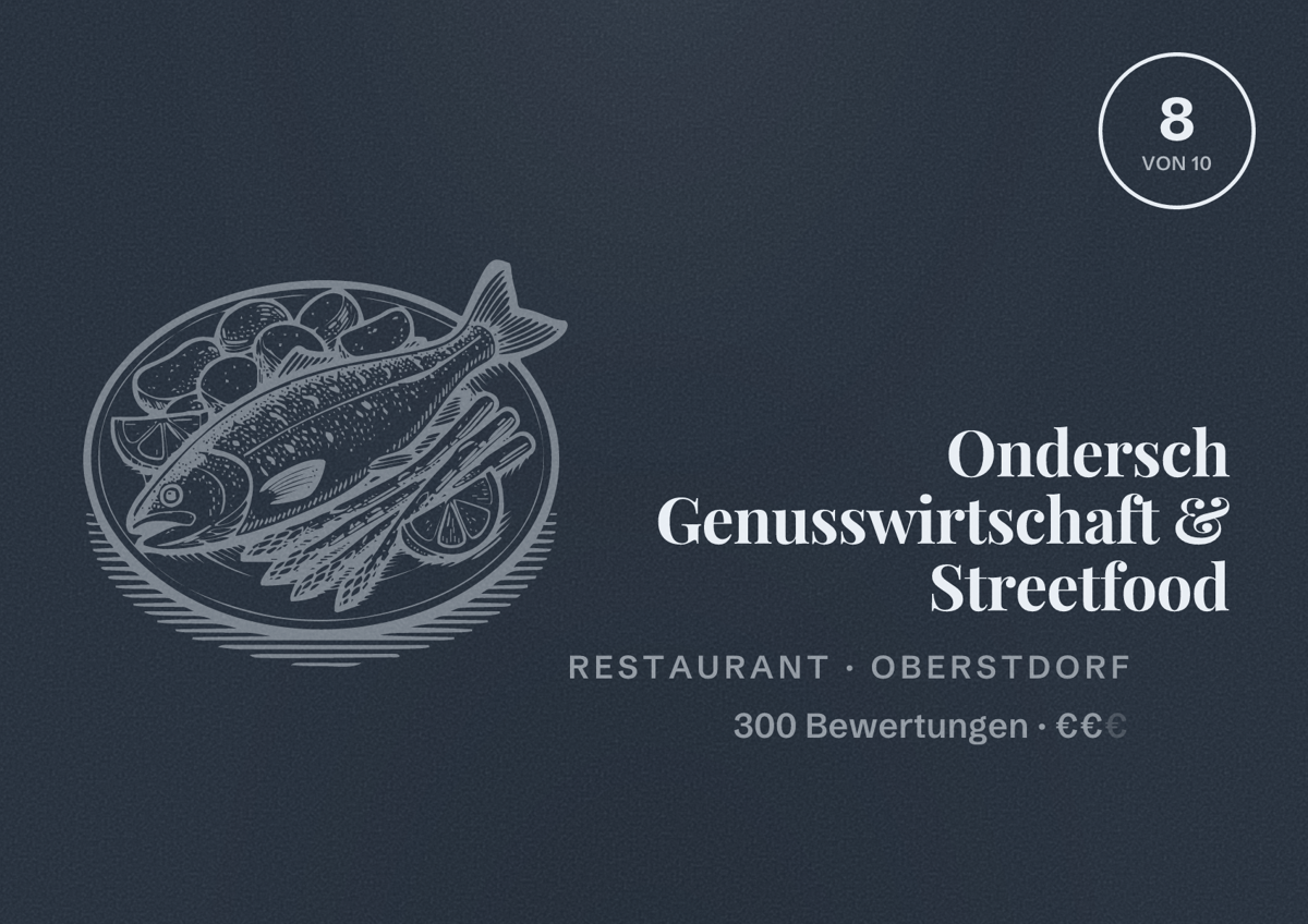 Illustriertes Poster von Ondersch Genusswirtschaft & Streetfood, Restaurant in Oberstdorf: Bewertung 8 von 10 aus 300 Bewertungen, Preisniveau €€