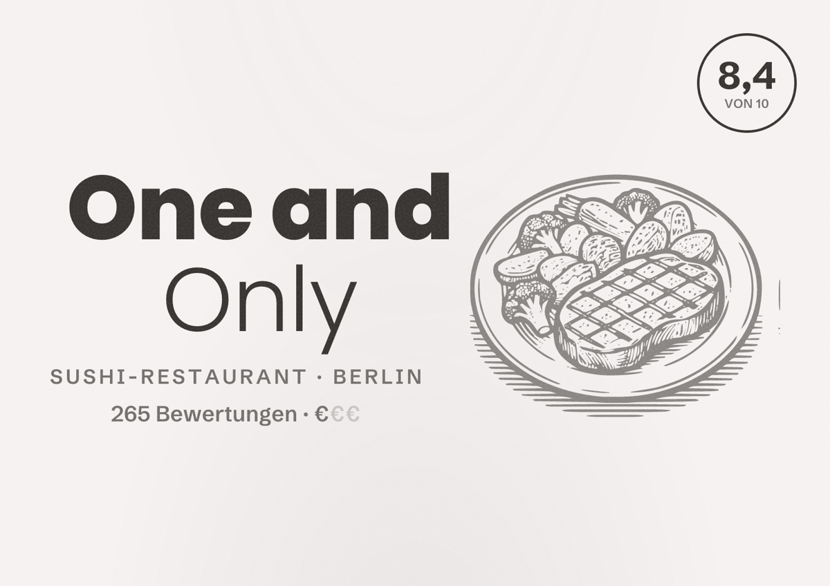 Illustriertes Poster von One and Only, Sushi-Restaurant in Berlin: Bewertung 8,4 von 10 aus 265 Bewertungen, Preisniveau €