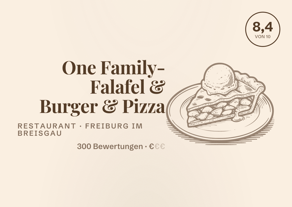 Illustriertes Poster von One Family- Falafel & Burger & Pizza, Restaurant in Freiburg im Breisgau: Bewertung 8,4 von 10 aus 300 Bewertungen, Preisniveau €
