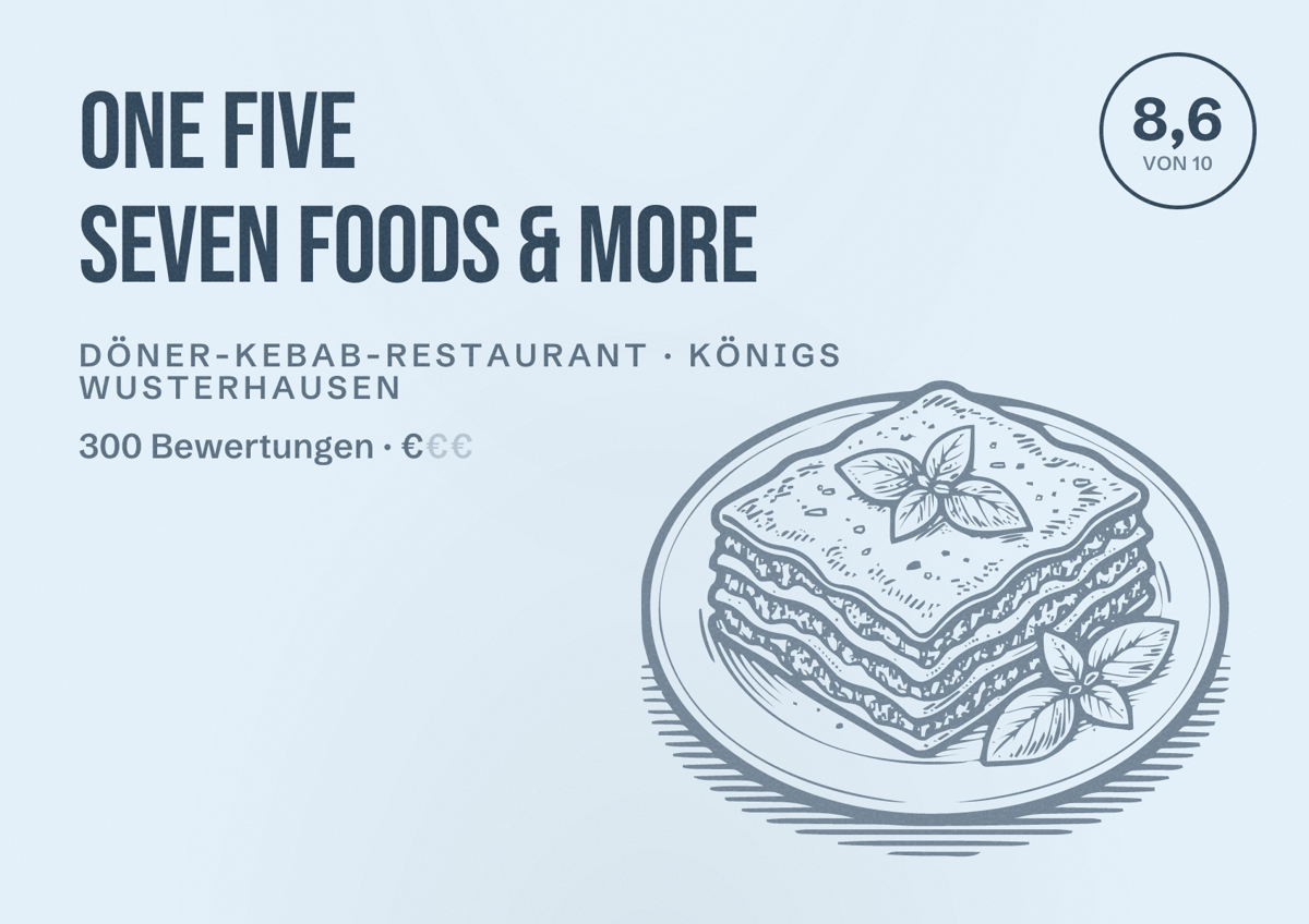 Illustriertes Poster von One Five Seven Foods & More, Döner-Kebab-Restaurant in Königs Wusterhausen: Bewertung 8,6 von 10 aus 300 Bewertungen, Preisniveau €