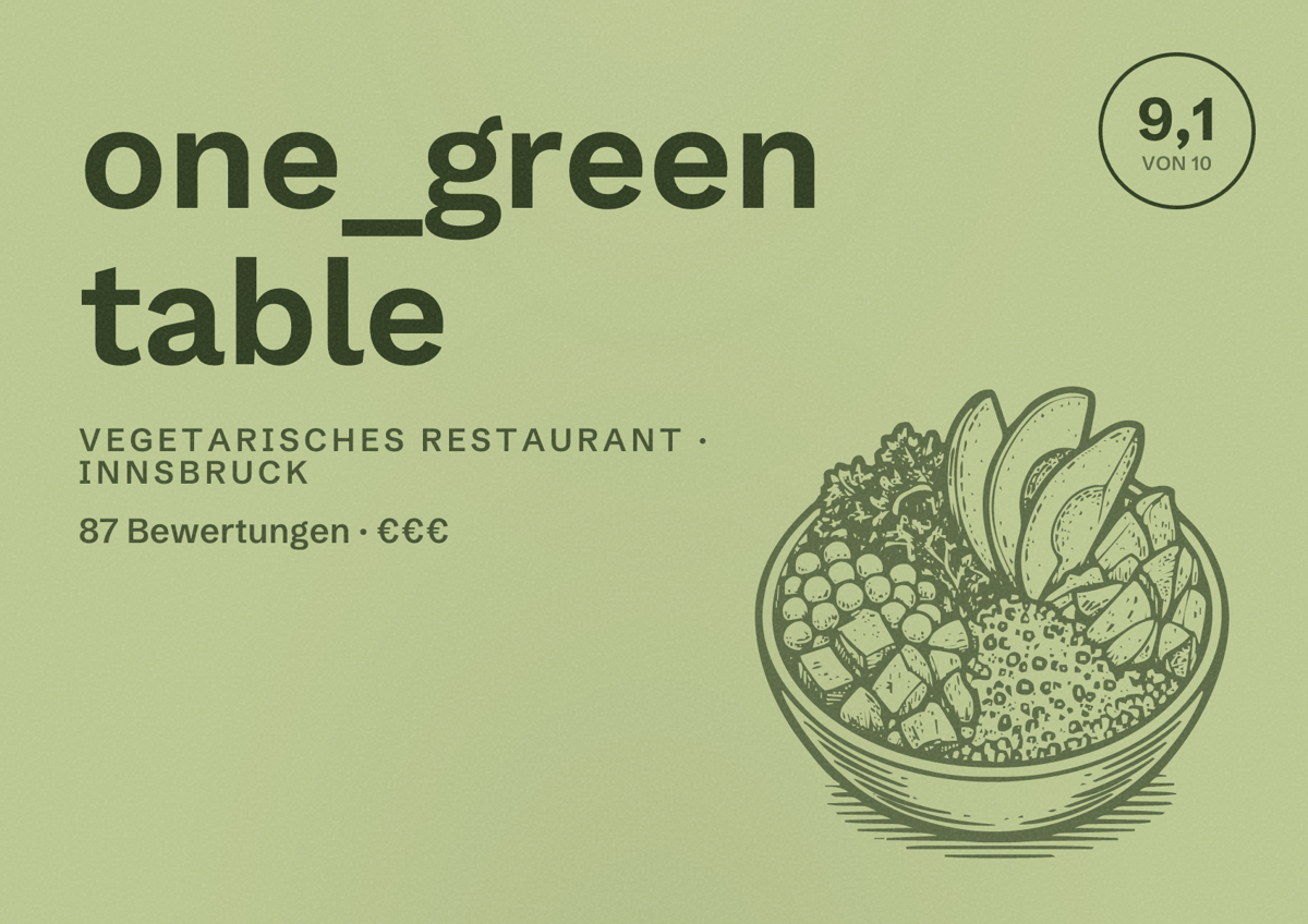 Illustriertes Poster von one_green table, Vegetarisches Restaurant in Innsbruck: Bewertung 9,1 von 10 aus 87 Bewertungen, Preisniveau €€€