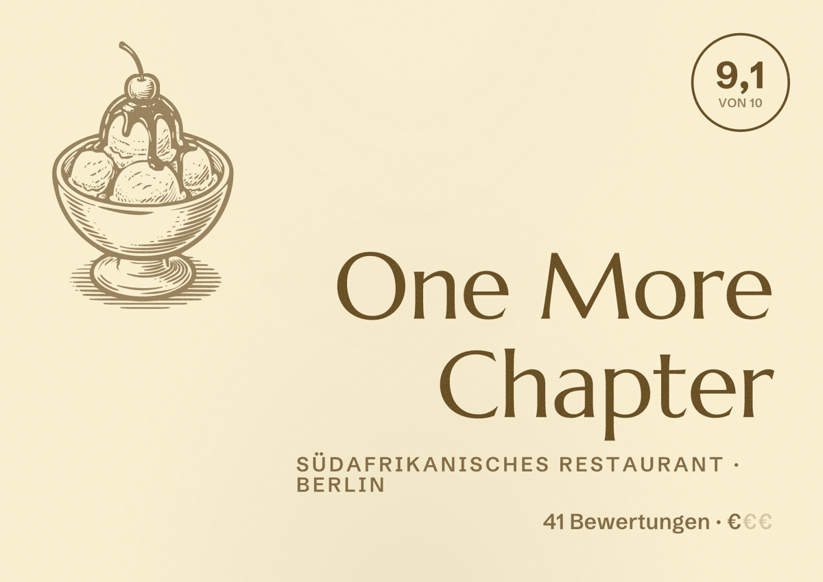 Illustriertes Poster von One More Chapter, Südafrikanisches Restaurant in Berlin: Bewertung 9,1 von 10 aus 41 Bewertungen, Preisniveau €
