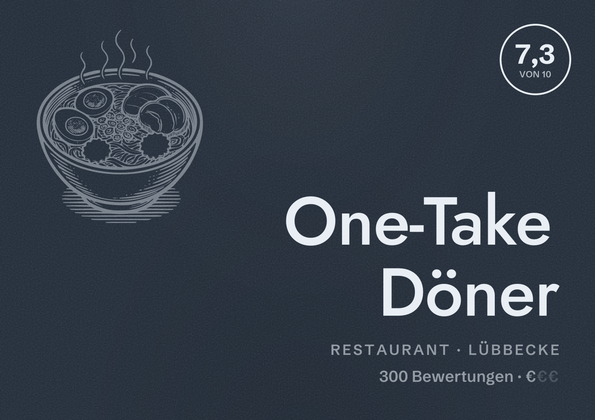 Illustriertes Poster von One-Take Döner, Restaurant in Lübbecke: Bewertung 7,3 von 10 aus 300 Bewertungen, Preisniveau €