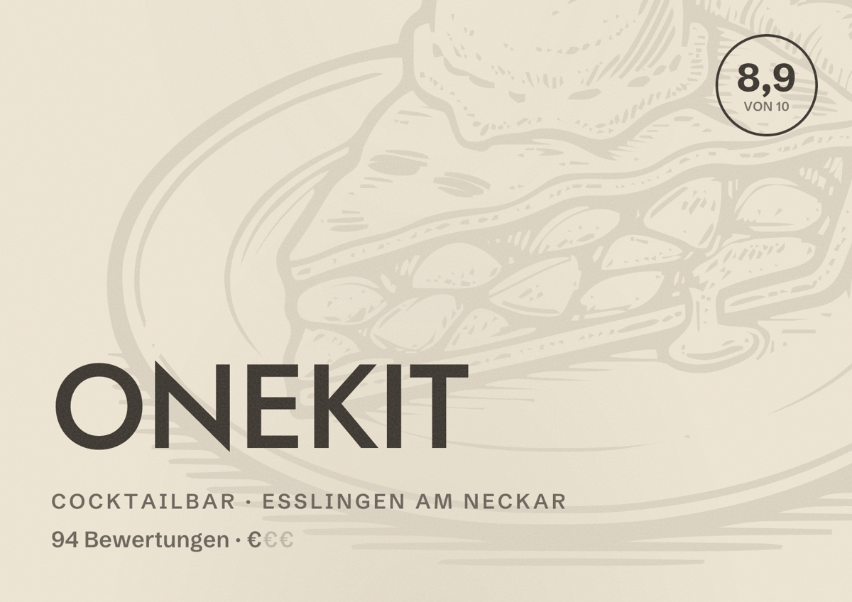 Illustriertes Poster von ONEKIT, Cocktailbar in Esslingen am Neckar: Bewertung 8,9 von 10 aus 94 Bewertungen, Preisniveau €