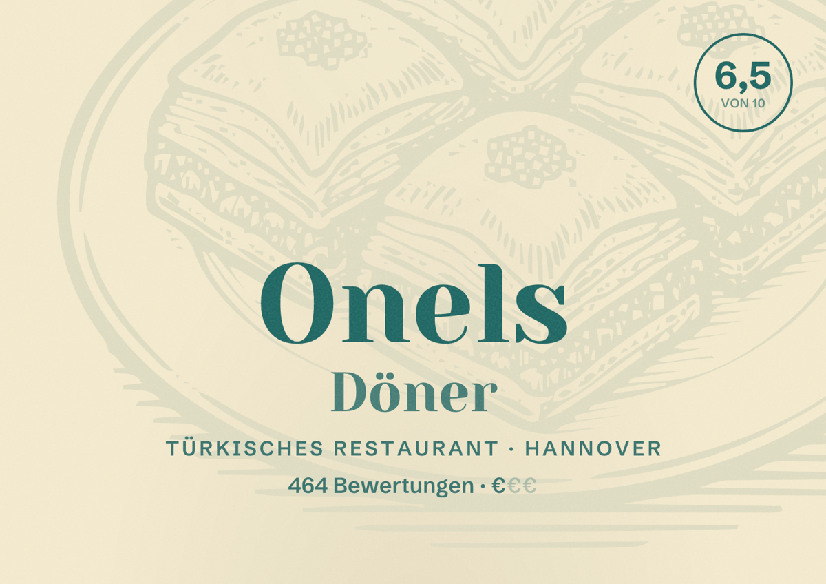 Illustriertes Poster von Onels Döner, Türkisches Restaurant in Hannover: Bewertung 6,5 von 10 aus 464 Bewertungen, Preisniveau €
