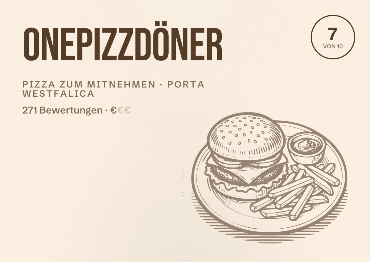 Illustriertes Poster von OnePizzDöner, Pizza zum Mitnehmen in Porta Westfalica: Bewertung 7 von 10 aus 271 Bewertungen, Preisniveau €