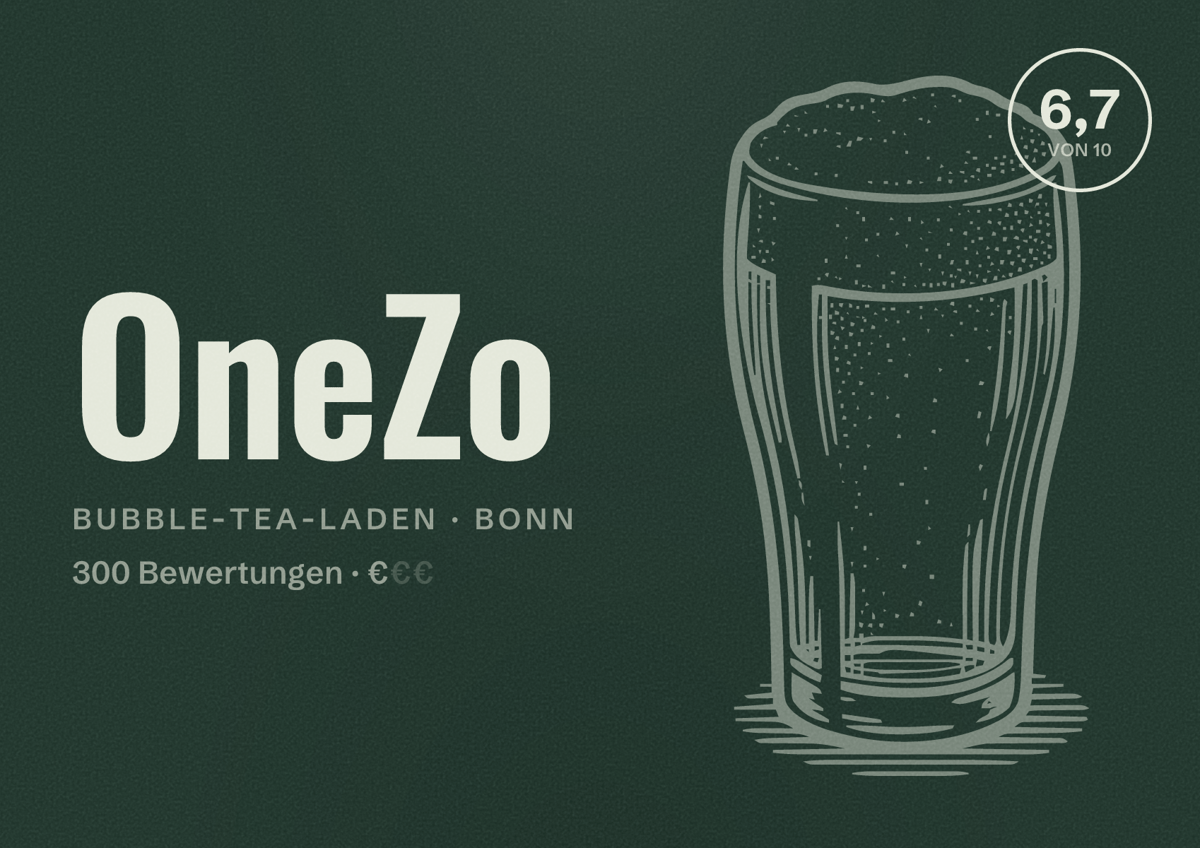 Illustriertes Poster von OneZo, Bubble-Tea-Laden in Bonn: Bewertung 6,7 von 10 aus 300 Bewertungen, Preisniveau €