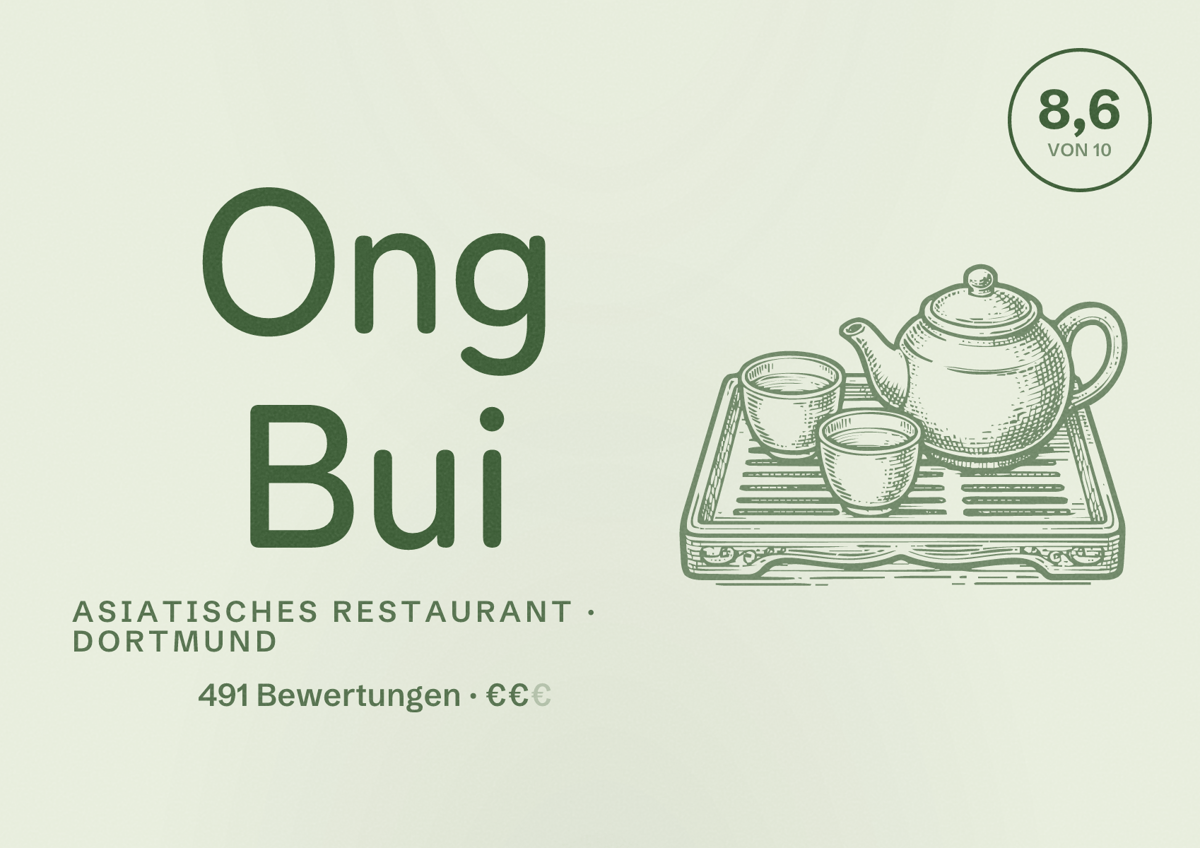 Illustriertes Poster von Ong Bui, Asiatisches Restaurant in Dortmund: Bewertung 8,6 von 10 aus 491 Bewertungen, Preisniveau €€