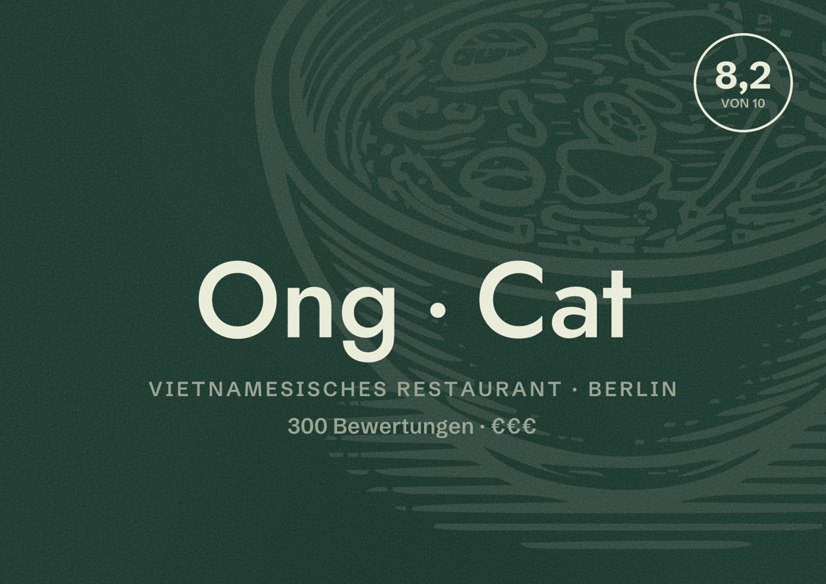 Illustriertes Poster von Ong Cat, Vietnamesisches Restaurant in Berlin: Bewertung 8,2 von 10 aus 300 Bewertungen, Preisniveau €€€