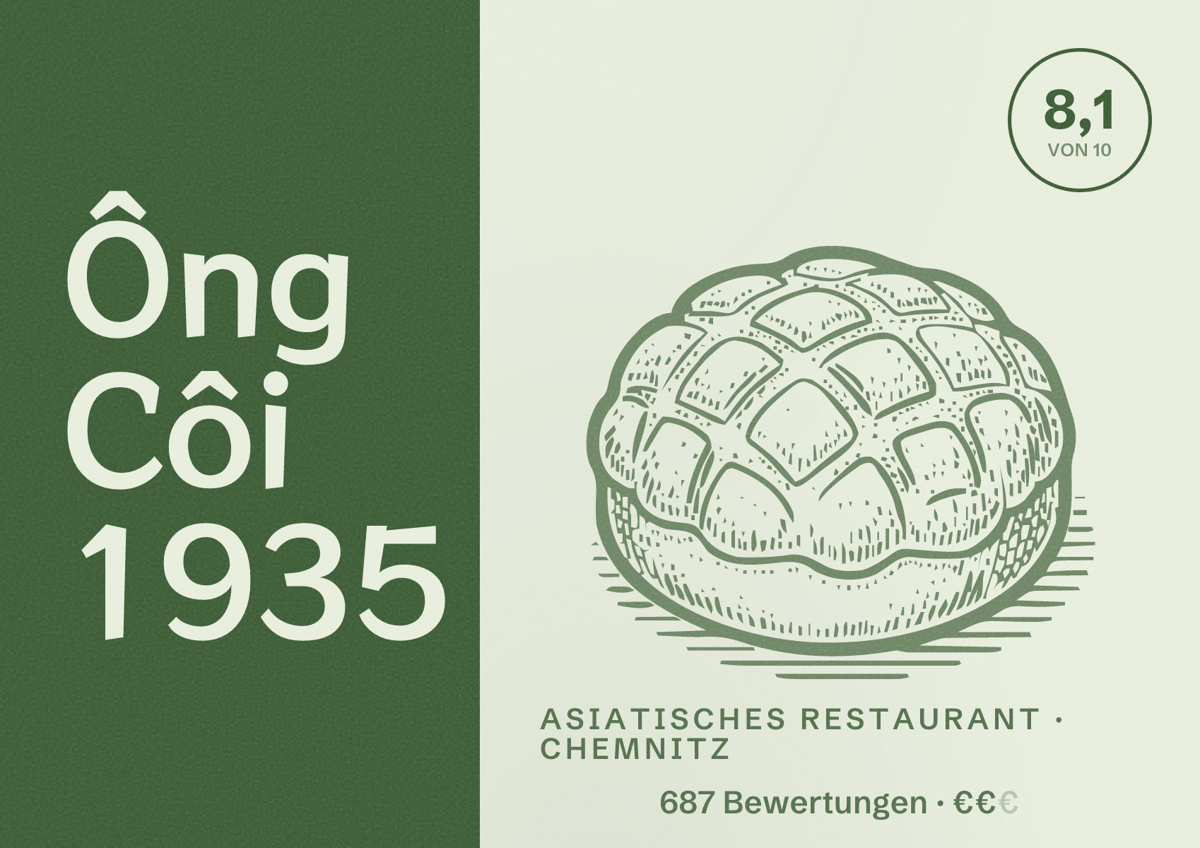 Illustriertes Poster von Ông Côi 1935, Asiatisches Restaurant in Chemnitz: Bewertung 8,1 von 10 aus 687 Bewertungen, Preisniveau €€