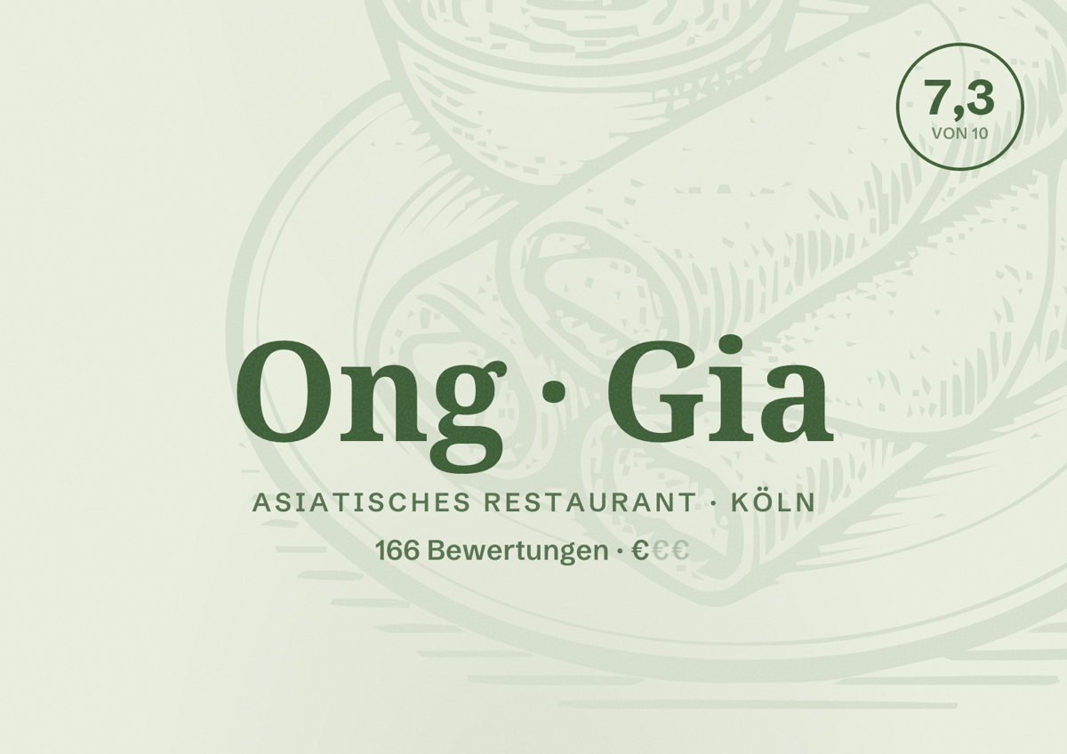 Illustriertes Poster von Ong Gia, Asiatisches Restaurant in Köln: Bewertung 7,3 von 10 aus 166 Bewertungen, Preisniveau €