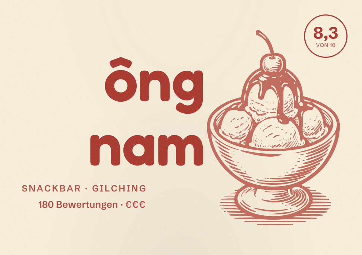 Illustriertes Poster von ông nam, Snackbar in Gilching: Bewertung 8,3 von 10 aus 180 Bewertungen, Preisniveau €€€