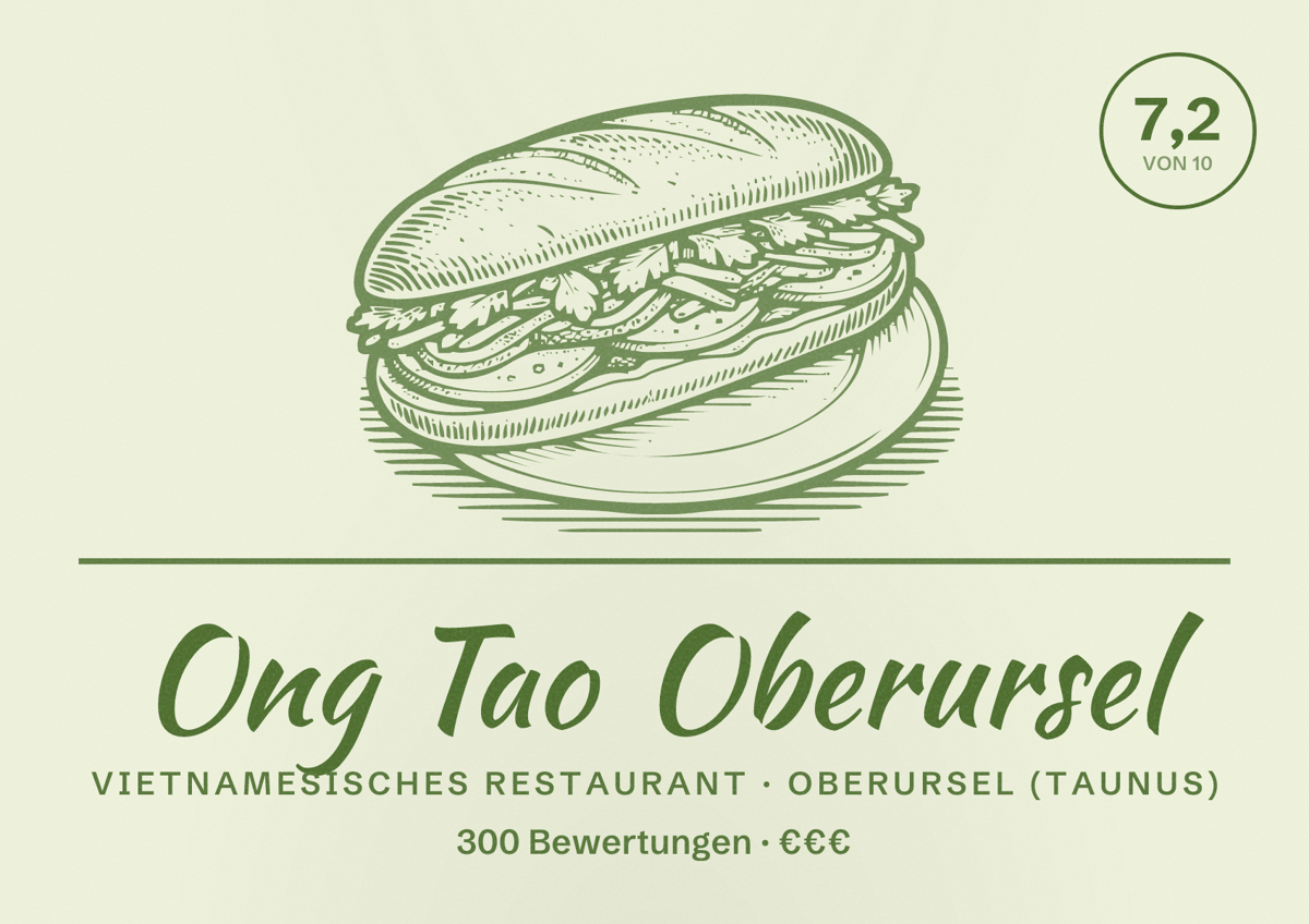 Illustriertes Poster von Ong Tao Oberursel, Vietnamesisches Restaurant in Oberursel (Taunus): Bewertung 7,2 von 10 aus 300 Bewertungen, Preisniveau €€€