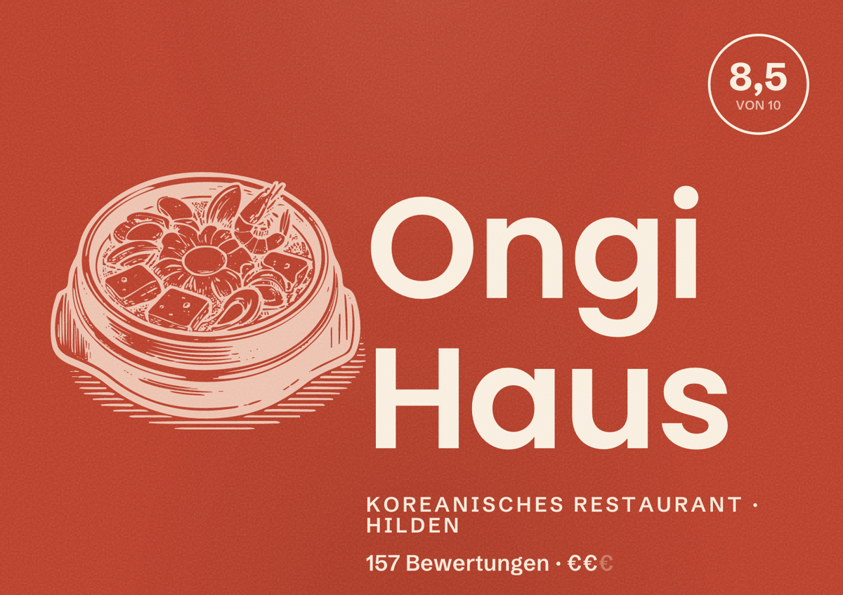 Illustriertes Poster von Ongi Haus, Koreanisches Restaurant in Hilden: Bewertung 8,5 von 10 aus 157 Bewertungen, Preisniveau €€