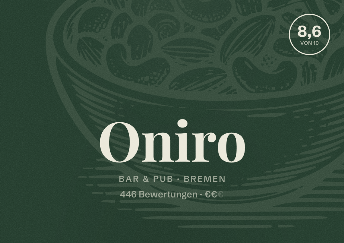 Illustriertes Poster von Oniro, Bar & Pub in Bremen: Bewertung 8,6 von 10 aus 446 Bewertungen, Preisniveau €€