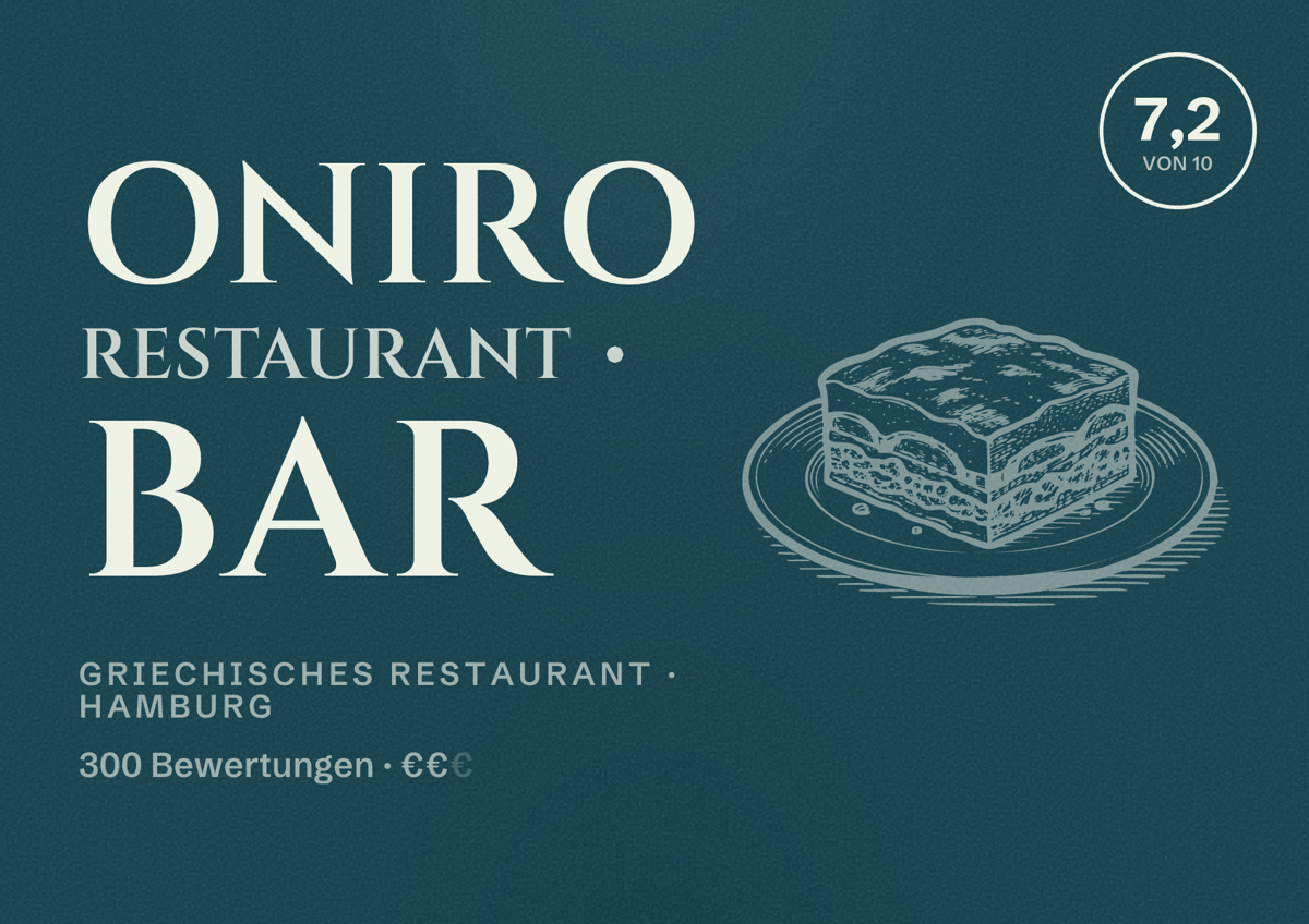 Illustriertes Poster von ONIRO restaurant • bar, Griechisches Restaurant in Hamburg: Bewertung 7,2 von 10 aus 300 Bewertungen, Preisniveau €€