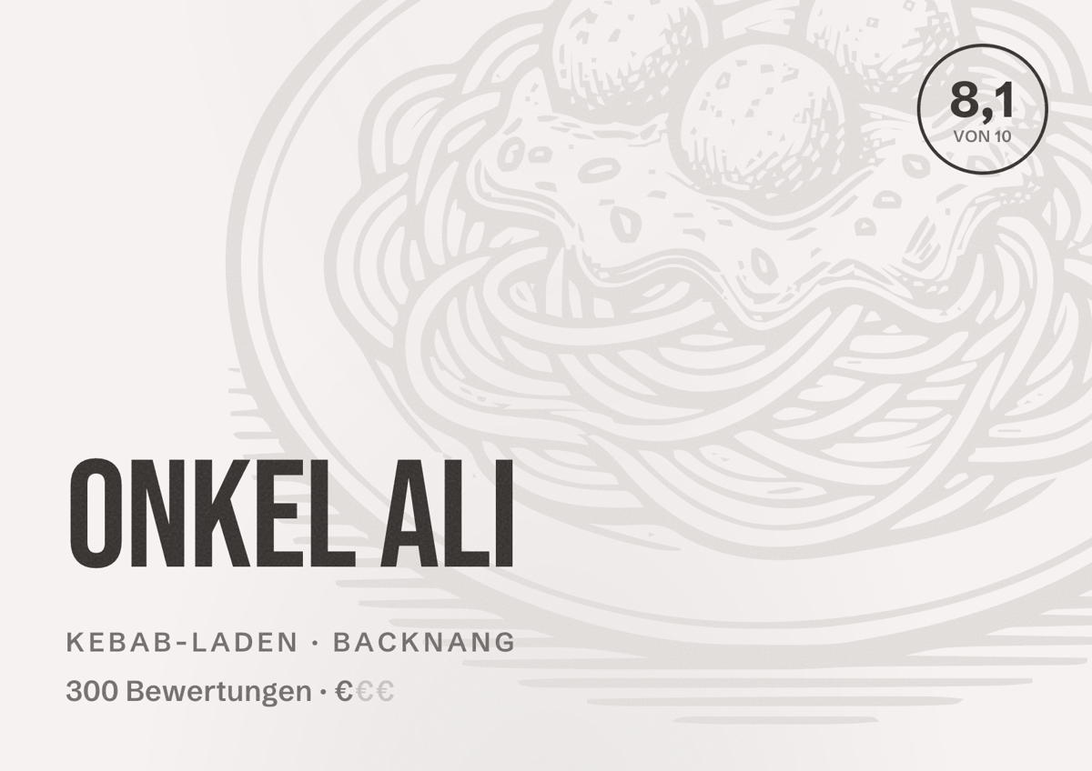 Illustriertes Poster von Onkel Ali, Kebab-Laden in Backnang: Bewertung 8,1 von 10 aus 300 Bewertungen, Preisniveau €