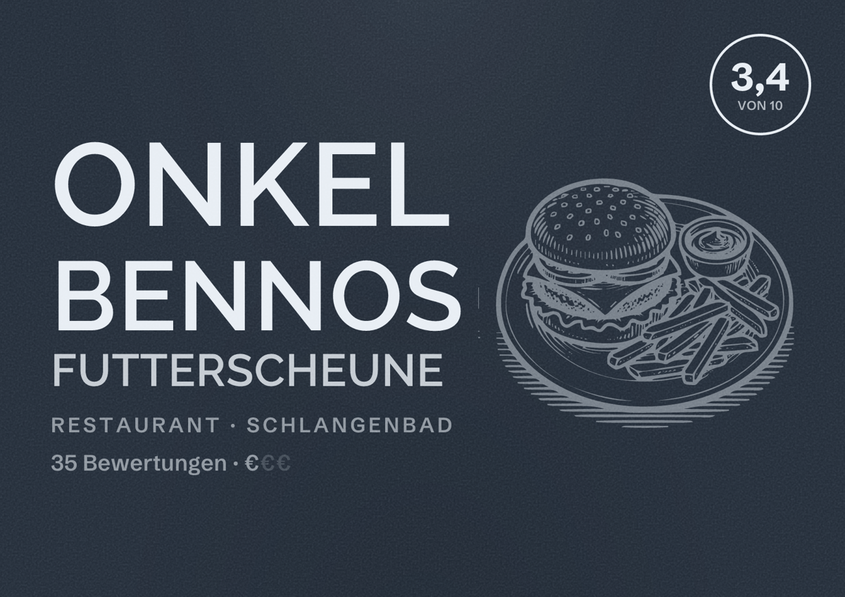 Illustriertes Poster von Onkel Bennos Futterscheune, Restaurant in Schlangenbad: Bewertung 3,4 von 10 aus 35 Bewertungen, Preisniveau €