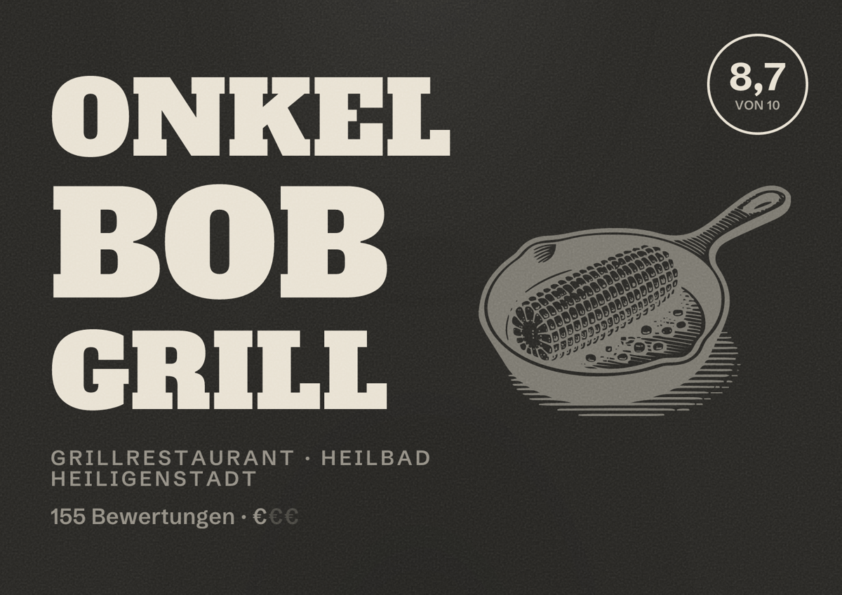 Illustriertes Poster von Onkel Bob Grill, Grillrestaurant in Heilbad Heiligenstadt: Bewertung 8,7 von 10 aus 155 Bewertungen, Preisniveau €