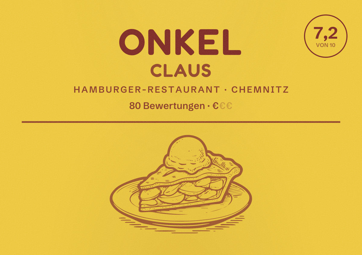 Illustriertes Poster von Onkel Claus, Hamburger-Restaurant in Chemnitz: Bewertung 7,2 von 10 aus 80 Bewertungen, Preisniveau €
