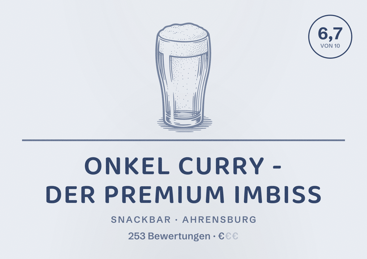 Illustriertes Poster von Onkel Curry - Der Premium Imbiss, Snackbar in Ahrensburg: Bewertung 6,7 von 10 aus 253 Bewertungen, Preisniveau €