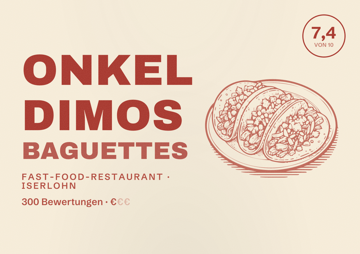 Illustriertes Poster von Onkel Dimos Baguettes, Fast-Food-Restaurant in Iserlohn: Bewertung 7,4 von 10 aus 300 Bewertungen, Preisniveau €