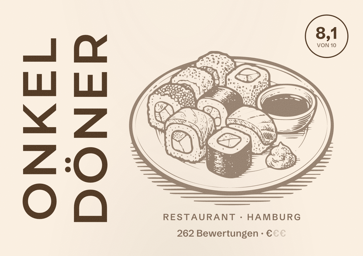 Illustriertes Poster von Onkel Döner, Restaurant in Hamburg: Bewertung 8,1 von 10 aus 262 Bewertungen, Preisniveau €