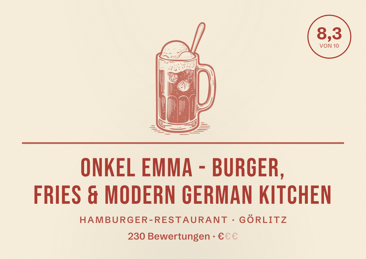 Illustriertes Poster von Onkel Emma - Burger, Fries & Modern German Kitchen, Hamburger-Restaurant in Görlitz: Bewertung 8,3 von 10 aus 230 Bewertungen, Preisniveau €